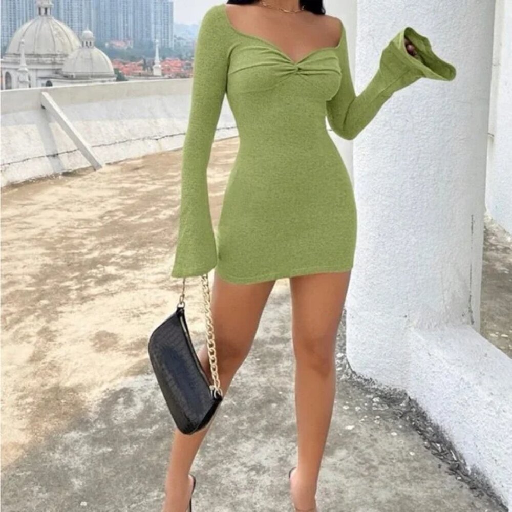 Twist Front Flounce Flare Sleeve Bodycon Dress